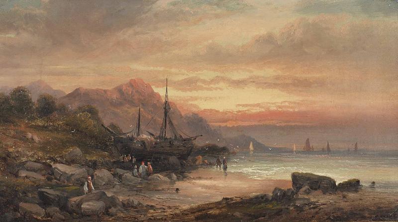 William Tomkins Coastal scene with islet and fishing folk oil painting image